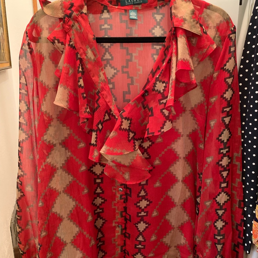 Ralph Lauren Red and Tan Geometric Top